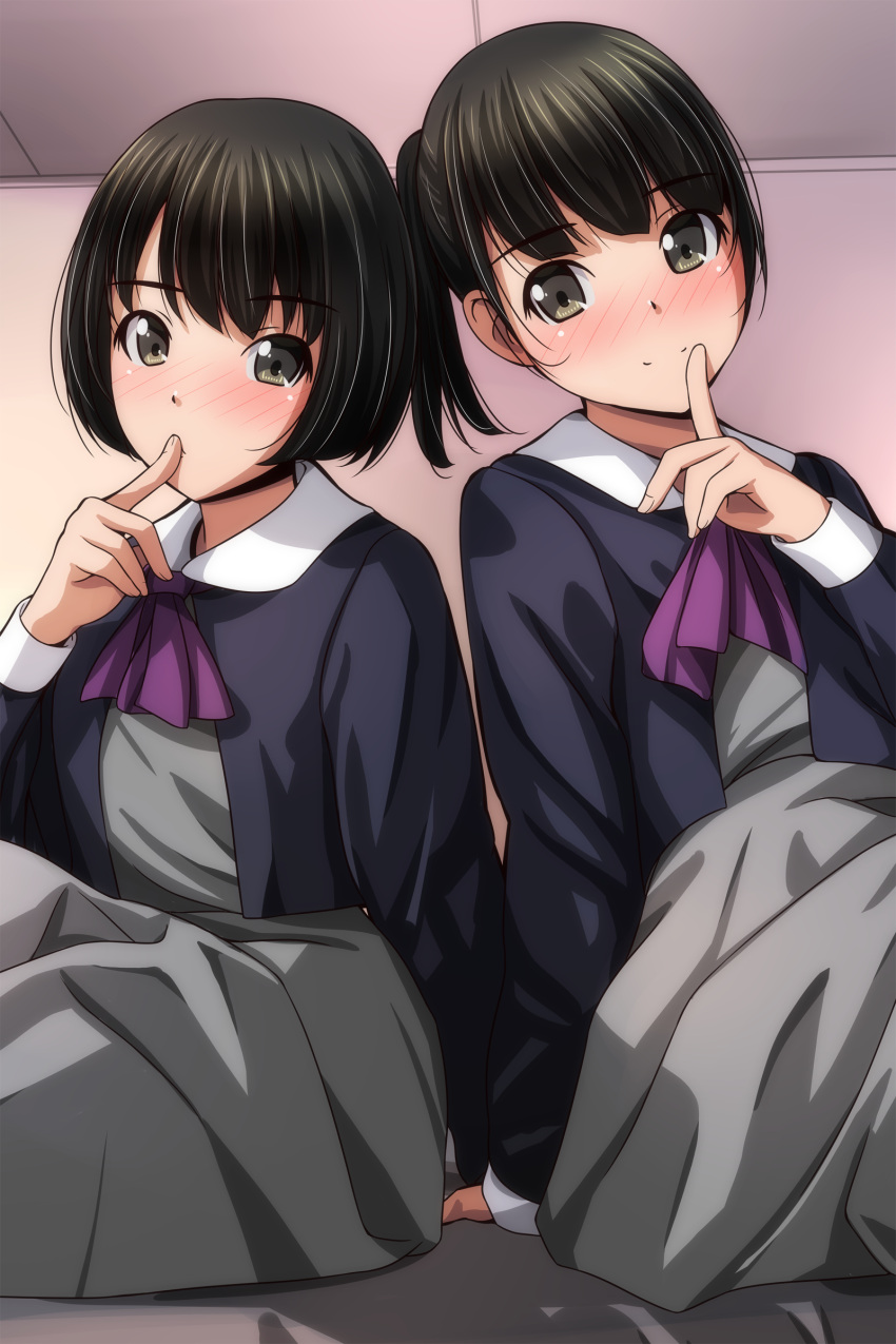 2girls absurdres ascot bangs black_hair black_shirt blush brown_eyes closed_mouth finger_to_mouth grey_skirt highres indoors long_sleeves looking_at_viewer matsunaga_kouyou multiple_girls original ponytail purple_ascot school_uniform shirt short_hair sitting skirt