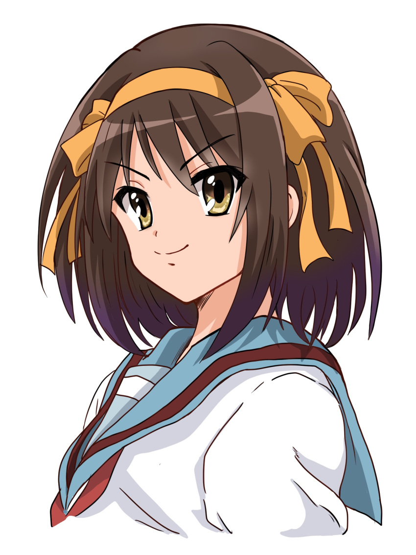 1girl blue_sailor_collar breasts brown_eyes brown_hair closed_mouth hair_ribbon hairband highres kita_high_school_uniform looking_at_viewer medium_hair munbato_(watari_megumi) ribbon sailor_collar school_uniform serafuku simple_background small_breasts smile solo suzumiya_haruhi suzumiya_haruhi_no_yuuutsu upper_body white_background yellow_hairband yellow_ribbon