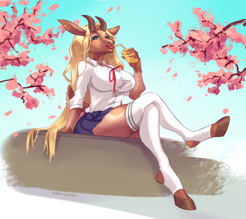 absurd_res admiralobster anthro beverage blonde_hair blue_background blue_bottomwear blue_clothing blue_skirt bottomwear brown_body brown_ears brown_fur brown_horn cherry_blossom cherry_blossom_tree cherry_tree clothed clothing crossed_legs drinking eyelashes female fruit_tree full-length_portrait fur glistening glistening_eyes green_eyes hair hi_res holding_beverage holding_object horn long_hair plant portrait school_uniform signature simple_background sitting skirt solo three-quarter_view topwear tree uniform white_clothing white_topwear