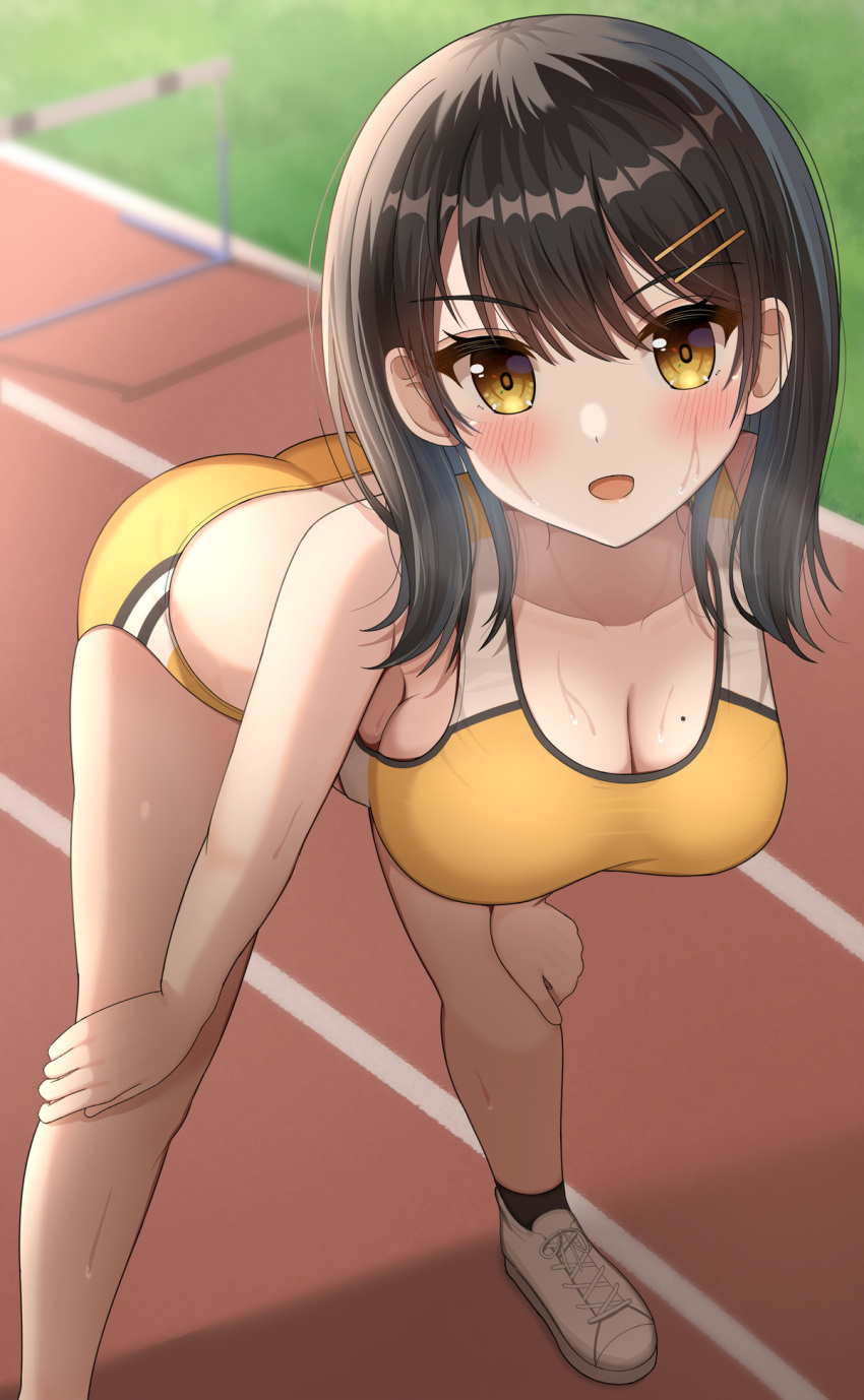 1girl ass bangs bare_arms bare_shoulders bent_over black_socks blurry blurry_background blush breasts brown_hair buruma cleavage collarbone depth_of_field foreshortening hair_between_eyes hair_ornament hairclip hands_on_own_knees hanging_breasts highres hisui_(user_zvkr2432) large_breasts looking_at_viewer medium_hair mole mole_on_breast open_mouth original outdoors school_uniform shoes sideboob smile sneakers socks solo sports_bikini sports_bra sportswear sweat swept_bangs track_and_field white_footwear yellow_eyes