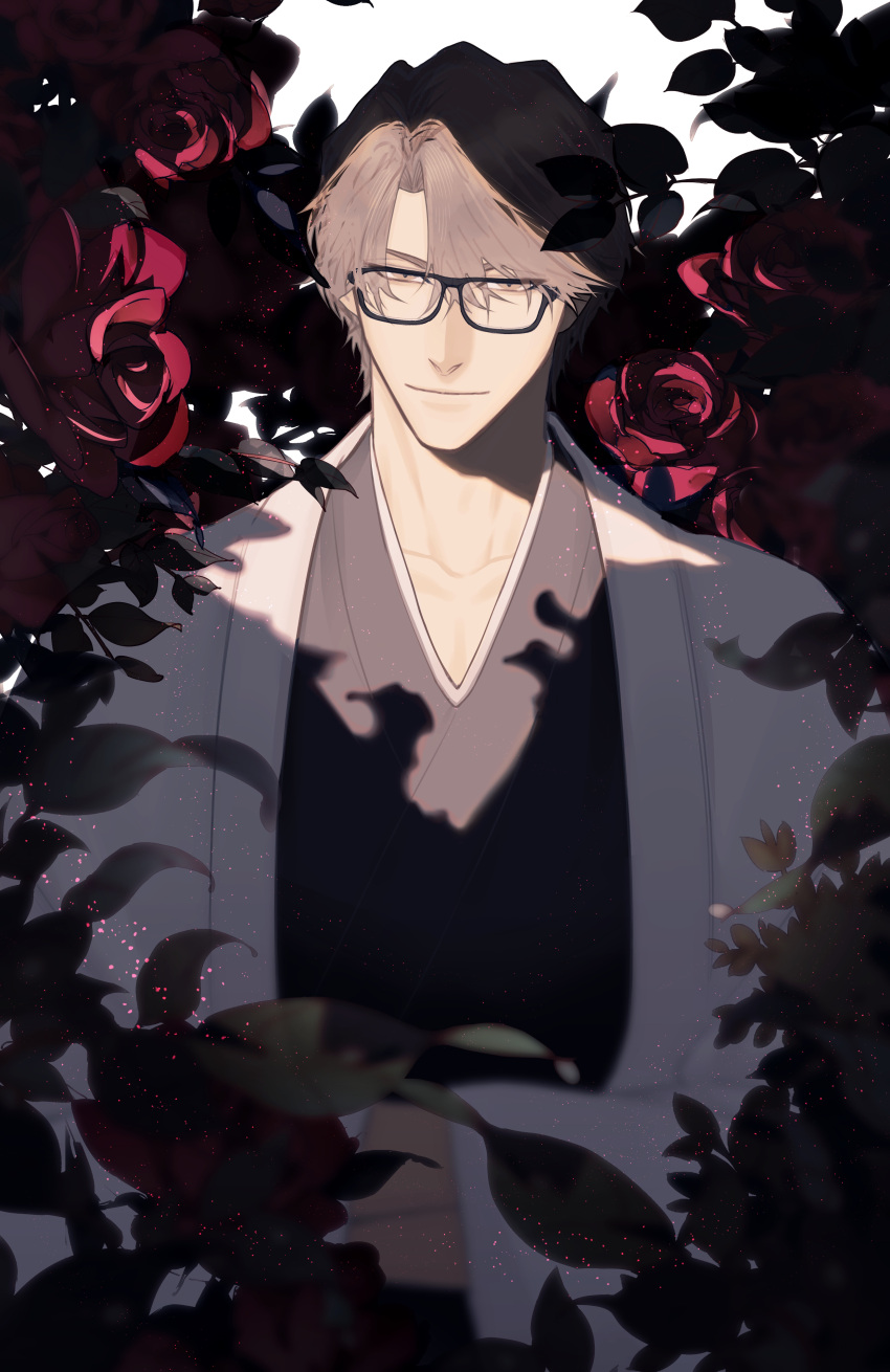 1boy absurdres aizen_sousuke black_robe bleach brown_eyes brown_hair cha_quq closed_mouth collarbone flower glasses hair_between_eyes highres japanese_clothes kimono light light_smile male_focus outdoors red_flower red_rose robe rose short_hair smile solo solo_focus standing sunlight upper_body white_kimono