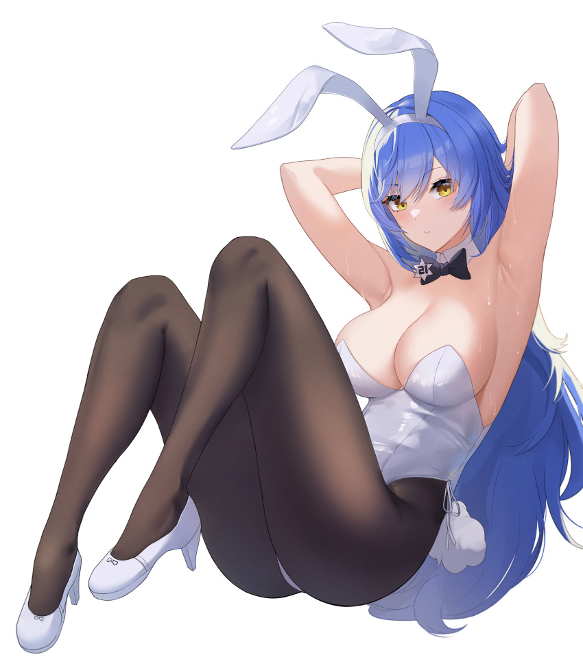 1girl absurdres animal_ears armpits arms_behind_head ass bangs black_bow black_bowtie black_pantyhose blue_hair bow bowtie breasts detached_collar dobure18 fake_animal_ears fake_tail girls'_frontline hair_between_eyes high_heels highleg highleg_leotard highres large_breasts leotard long_hair looking_at_viewer pantyhose parted_lips playboy_bunny rabbit_ears rabbit_tail side-tie_leotard simple_background solo strapless strapless_leotard sweat tail tar-21_(girls'_frontline) very_long_hair white_background white_footwear white_leotard yellow_eyes