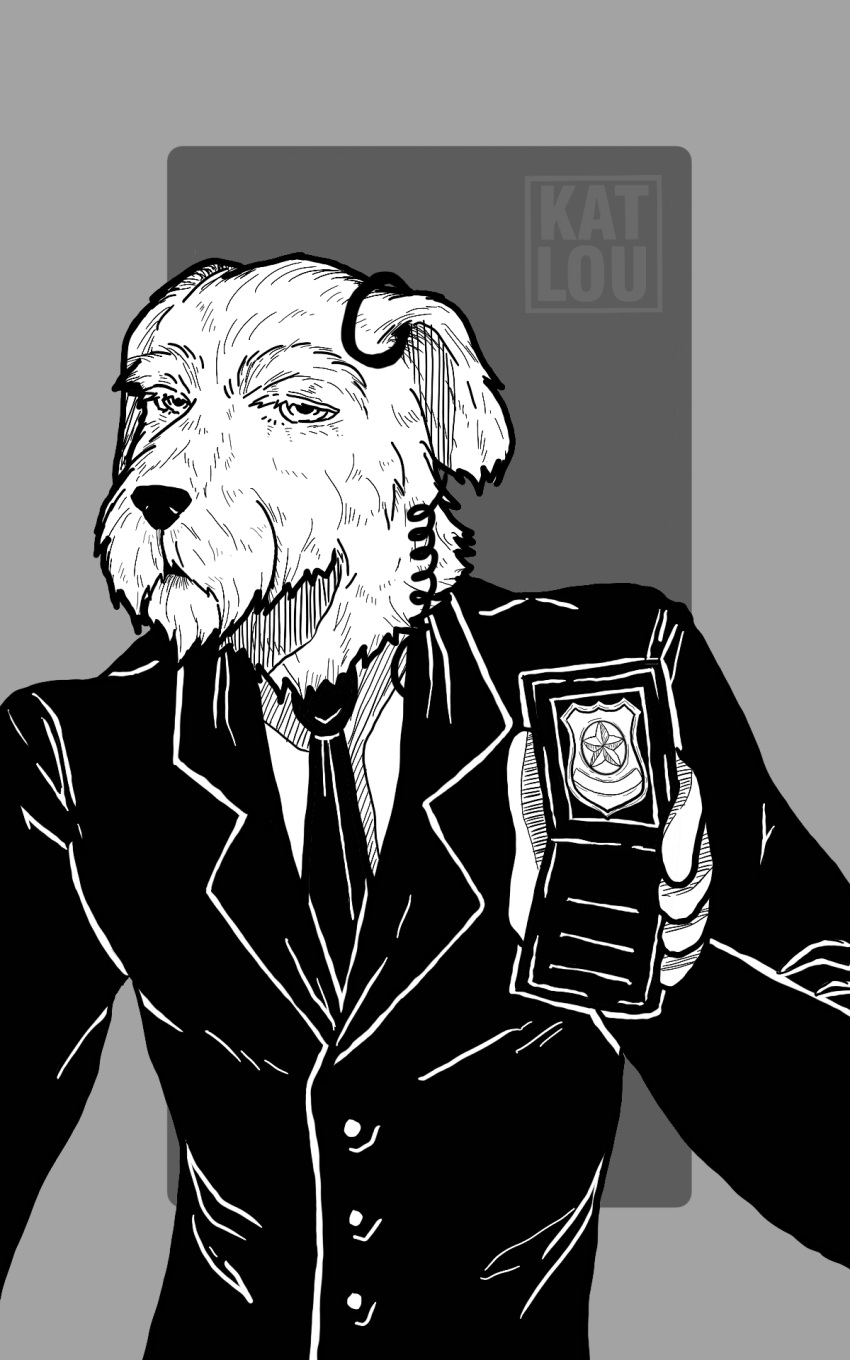 2020 5_fingers anthro badge black_and_white canid canine canis clothed clothing domestic_dog earpiece fingers fur half-length_portrait hi_res humanoid_hands hunting_dog irish_wolfhound katrinlouiseo24 laskey looking_at_viewer male mammal mature_anthro mature_male monochrome necktie portrait secret_agent sighthound signature solo suit