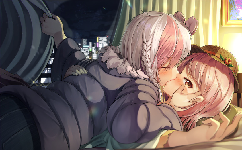 2girls absurdres bed blush braid city_lights cityscape closed_eyes curtains hand_on_another's_cheek hand_on_another's_face hat highres jacket kiss lying lying_on_person multicolored_hair multiple_girls night original profile single_braid wanashi_tam yuri