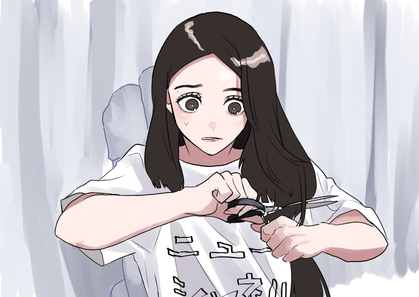 1girl animification brown_eyes brown_hair chair cutting_own_hair highres holding holding_scissors k-pop looking_ahead mamamoo parted_lips real_life scared scissors shirt sitting solar_(mamamoo) solo sweatdrop translation_request upper_body white_shirt yocomitsu