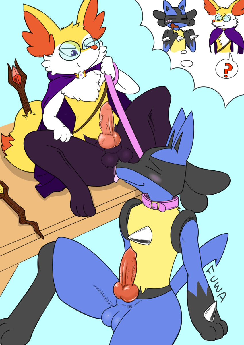 absurd_res anal animal_genitalia animal_penis anthro balls blush braixen canine_penis cape clothing collar digital_media_(artwork) dream duo eyewear fur furniture generation_4_pokemon generation_6_pokemon genitals glasses hi_res knot leash lucario magic_wand male male/male mr_fuwa nintendo oral penis pokemon pokemon_(species) purple_eyes question_mark rimming sex simple_background smile smirk spikes table video_games yellow_body yellow_fur