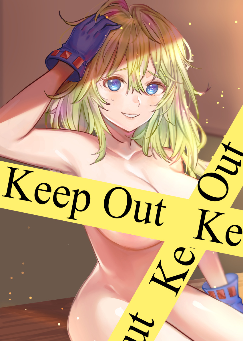 1girl absurdres blonde_hair blue_eyes boku_no_hero_academia breasts caution_tape commentary completely_nude couch gloves green_hair hagakure_tooru hand_on_own_head highres keep_out large_breasts long_hair looking_at_viewer medium_hair messy_hair nude open_mouth sitting smile solo zudko