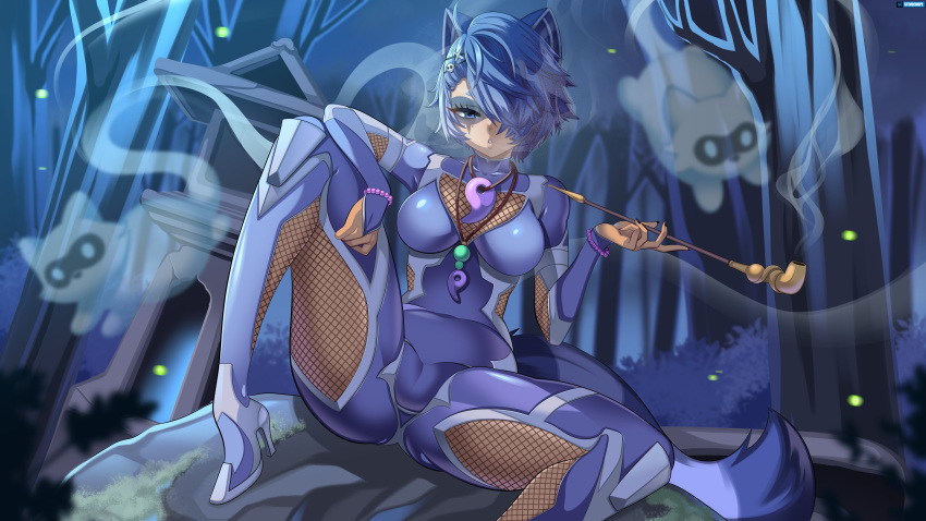 1girl absurdres animal_ears blue_bodysuit blue_eyes blue_hair bodysuit breasts cameltoe domino_mask fishnets highres holding holding_smoking_pipe impossible_bodysuit impossible_clothes looking_at_viewer mask medium_breasts night outdoors parted_lips raccoon raccoon_ears raccoon_girl raccoon_tail shiny shiny_hair shiny_skin short_hair skin_tight smoking_pipe snuffy_(vtuber) solo spread_legs steve_chopz tail taimanin_(series) taimanin_suit virtual_youtuber