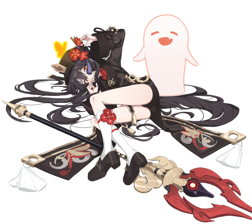 1girl 1other bangs black_hair black_headwear black_shorts boo_tao_(genshin_impact) brown_coat bug butterfly chinese_clothes coat coattails collared_coat fang floral_print flower flower-shaped_pupils flower_knot full_body genshin_impact ghost ghost_pose gold_trim hair_between_eyes hat hat_flower highres hu_tao_(genshin_impact) jewelry kneehighs loafers long_hair long_sleeves looking_at_viewer lying multiple_rings on_side plum_blossoms polearm porkpie_hat red_nails red_shirt ring shirt shoes short_shorts shorts skin_fang smile socks spear staff_of_homa_(genshin_impact) swept_bangs symbol-shaped_pupils tailcoat tassel thumb_ring toombo12 twintails very_long_hair weapon wide_sleeves