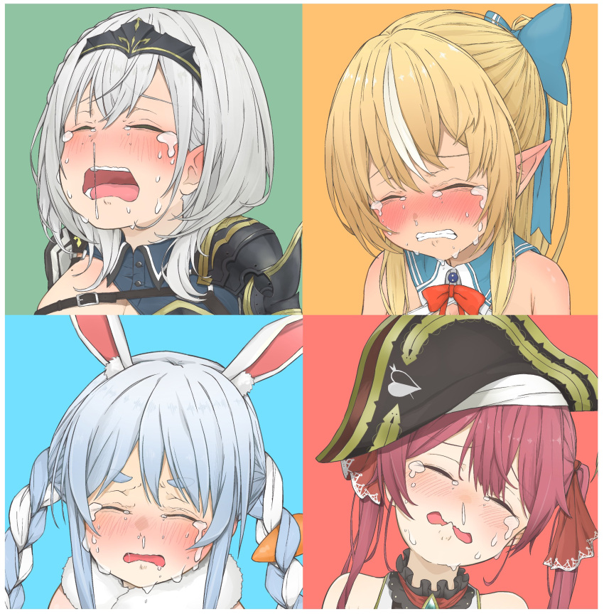 4girls absurdres animal_ears bangs bicorne black_headwear blonde_hair blue_hair blush bow braid carrot closed_eyes crying dottocom_tegaki hair_bow hair_ornament hat highres hololive hololive_fantasy houshou_marine long_hair multiple_girls pirate pointy_ears ponytail rabbit_ears rabbit_girl red_bow red_hair shiranui_flare shirogane_noel short_hair tearing_up tears teeth twin_braids twintails usada_pekora virtual_youtuber