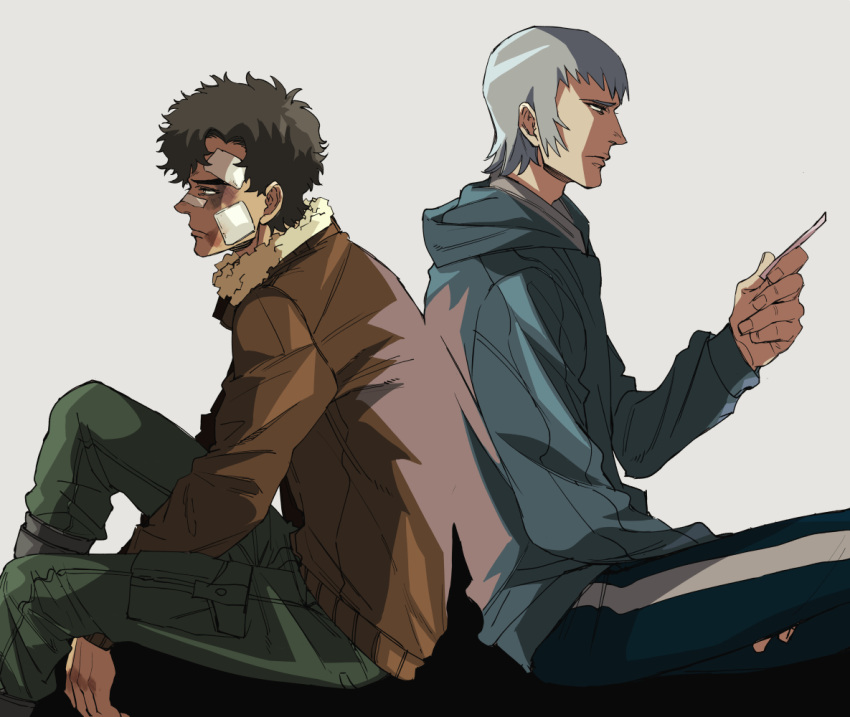 2boys back-to-back bandages between_legs black_hair brown_coat bruise bruised_eye coat egg_(cknlun) green_pants grey_hair hand_between_legs hood hood_down injury jacket joe_(megalo_box) long_sleeves megalo_box multiple_boys pants profile short_hair sideburns sitting white_background yuuri_(megalo_box)