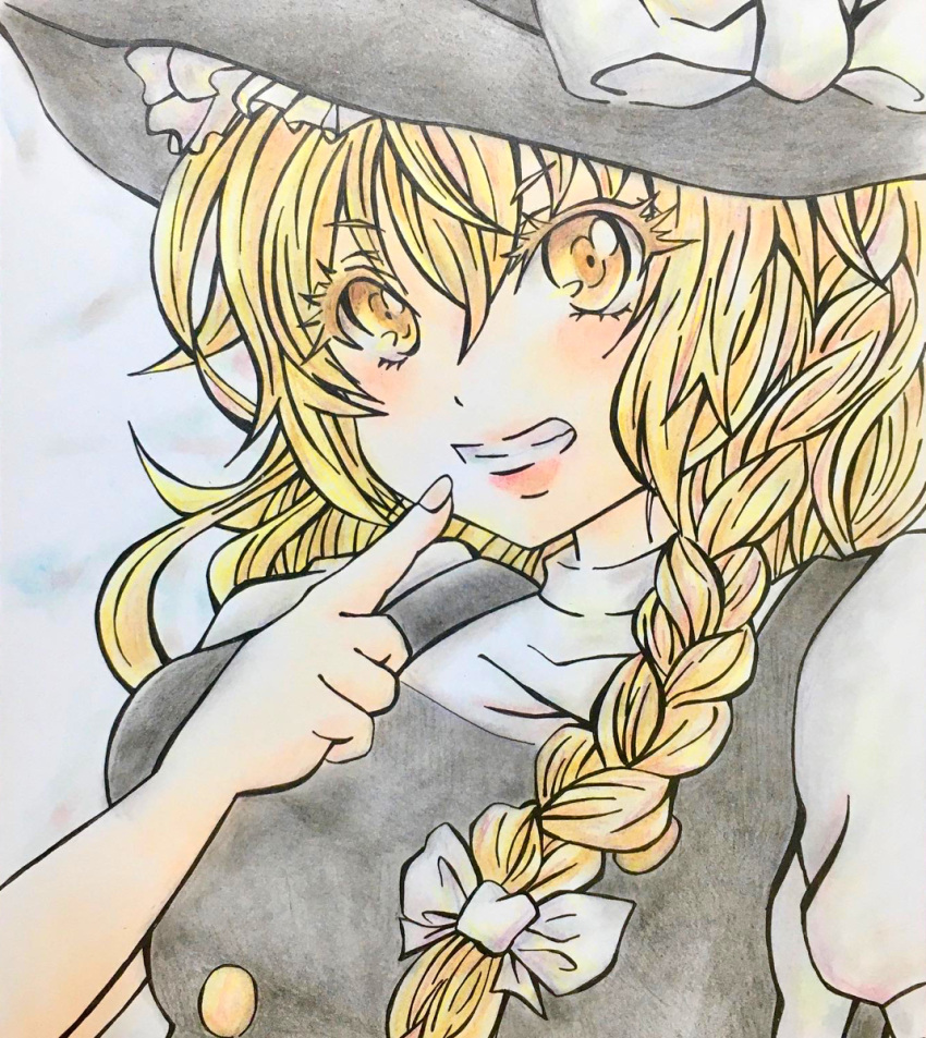 0917yuka 1girl black_headwear black_vest blonde_hair bow braid breasts finger_to_mouth hair_between_eyes hat hat_bow hat_ribbon highres kirisame_marisa large_breasts large_hat looking_at_viewer medium_hair open_mouth puffy_short_sleeves puffy_sleeves ribbon shirt short_sleeves simple_background single_braid solo teeth touhou traditional_media upper_body vest white_bow white_ribbon white_shirt witch_hat yellow_eyes