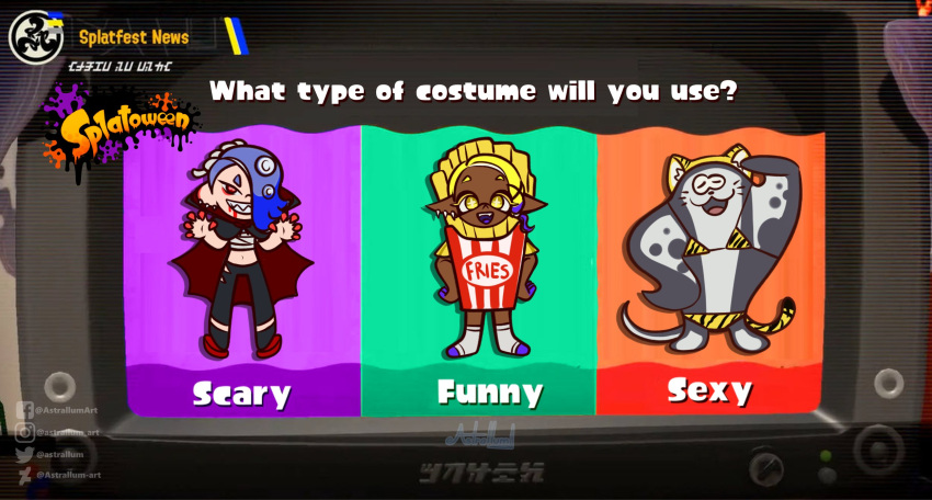 anthro astrallum batoid big_man_(splatoon) bikini blonde_hair clothed clothing crossdressing fake_cat_ears fake_ears female fish grey_body group hair halloween hi_res holidays humanoid humor male manta_ray marine micro_bikini nintendo pun skimpy speckled_body splatfest splatoon stingray swimwear trio vampire video_games