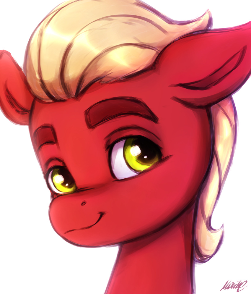 bust_portrait buttersprinkle digital_media_(artwork) earth_pony equid equine eyebrows feral green_eyes hasbro hi_res horse looking_away male mammal mane mlp_g5 my_little_pony pony portrait red_body signature simple_background smile solo sprout_cloverleaf_(mlp) tan_mane thick_eyebrows white_background