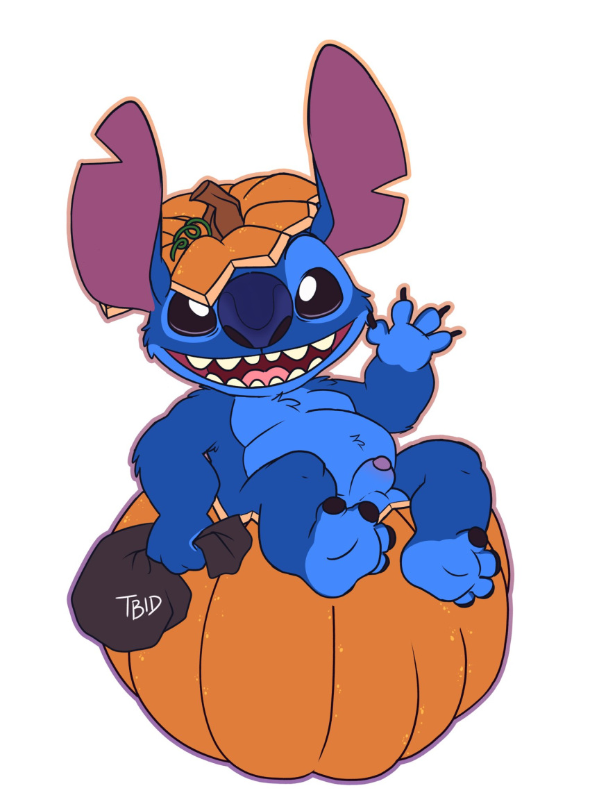 alien animal_genitalia anthro balls black_eyes disney experiment_(lilo_and_stitch) food fruit fully_sheathed genitals halloween hi_res holidays jack-o'-lantern lilo_and_stitch male penis plant pumpkin sheath smile solo stitch_(lilo_and_stitch) tbid