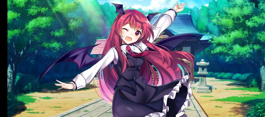 1girl ;d bat_wings black_skirt black_vest blush breasts building buttons collared_shirt commentary_request cowboy_shot dot_nose dress_shirt frilled_skirt frills game_screenshot hair_between_eyes head_wings highres index_finger_raised koakuma light_rays long_hair looking_at_viewer medium_breasts necktie one_eye_closed outdoors outstretched_arms red_eyes red_hair red_necktie rotte_(1109) shirt skirt skirt_set smile solo stone_walkway sunbeam sunlight third-party_source touhou tree very_long_hair vest white_shirt wings