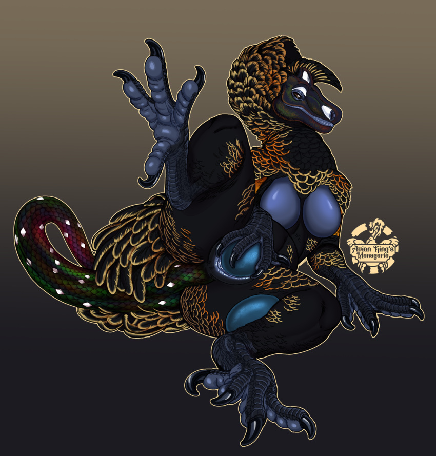 anthro avian avian-king breasts claws cockatrice dinosaur egg european_mythology feathers featureless_breasts female genitals hi_res hybrid mythological_avian mythology non-mammal_breasts nude oviposition pussy reptile scalie solo theropod