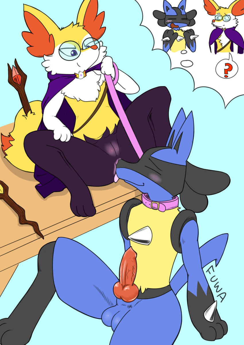 absurd_res anal animal_genitalia animal_penis anthro balls blush braixen canine_penis cape clothing collar digital_media_(artwork) dream duo eyewear female fur furniture generation_4_pokemon generation_6_pokemon genitals glasses hi_res knot leash lucario magic_wand male male/female mr_fuwa nintendo oral penis pokemon pokemon_(species) purple_eyes pussy question_mark rimming sex simple_background smile smirk spikes table video_games yellow_body yellow_fur