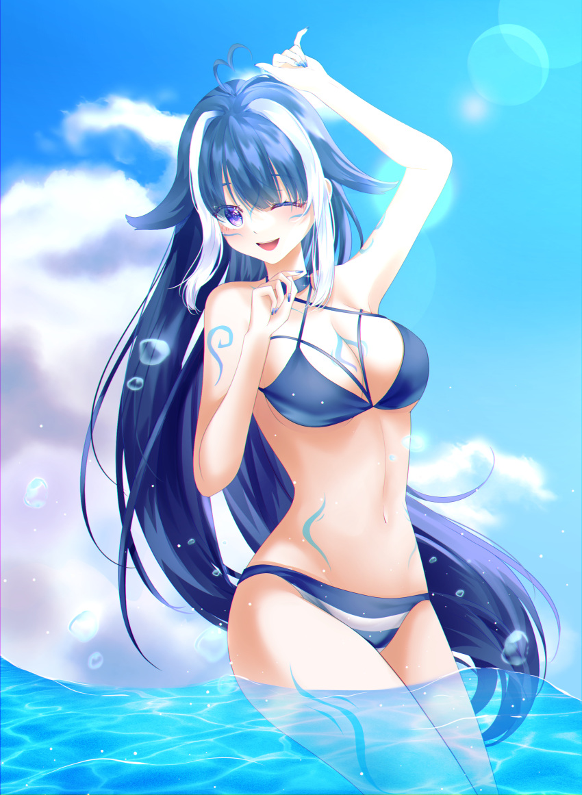 1girl absurdres ahoge animal_ears arm_tattoo arm_up belt_collar bikini black_hair blue_bikini blue_collar blue_nails blue_sky blush breasts chest_tattoo cleavage cloud collar criss-cross_halter eunsae facial_tattoo halterneck heart heart_ahoge highres indie_virtual_youtuber large_breasts leg_tattoo long_hair looking_at_viewer multicolored_hair nail_polish navel ocean one_eye_closed orca_girl purple_eyes shylily sky streaked_hair striped striped_bikini swimsuit tattoo virtual_youtuber wading water white_hair