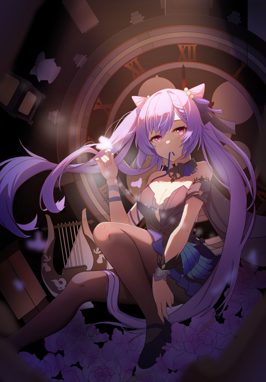 1girl absurdres black_choker braid breasts brown_pantyhose choker cleavage clock cone_hair_bun double_bun dress floating_hair flower genshin_impact hair_bun highres keqing_(genshin_impact) keqing_(opulent_splendor)_(genshin_impact) lao_xi looking_at_viewer medium_breasts mouth_hold official_alternate_costume pantyhose pearl_hair_ornament purple_eyes purple_flower ribbon ribbon_in_mouth sitting solo strapless strapless_dress wrist_ribbon