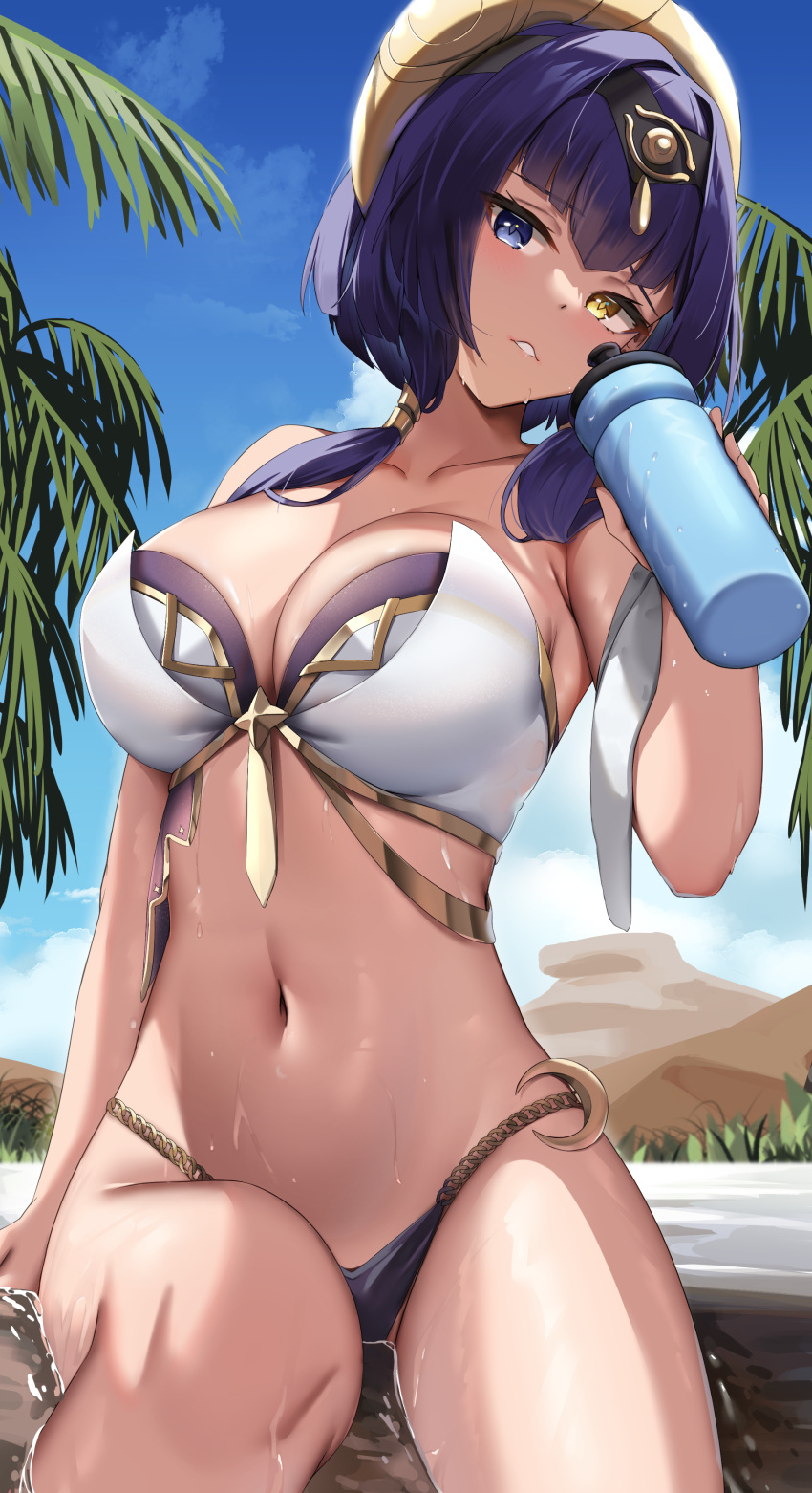 1girl absurdres bangs bare_shoulders bikini blue_eyes blue_sky blush bottle breasts candace_(genshin_impact) chain cleavage commentary cowboy_shot crescent dark-skinned_female dark_skin day eye_of_horus genshin_impact gold_chain gold_trim hair_intakes heterochromia highres holding holding_bottle large_breasts looking_at_viewer mismatched_bikini navel outdoors paid_reward_available palm_tree parted_lips purple_hair raised_eyebrows short_hair_with_long_locks sidelocks skai_kun sky solo stomach sweat swimsuit thighs tree water water_bottle wet white_bikini yellow_eyes