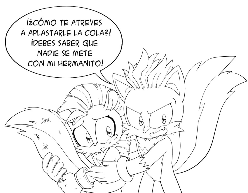 2022 5_fingers anthro brother brothers cheek_tuft clothing duo facial_tuft fingers fluffy fluffy_tail fur gloves handwear head_tuft hi_res idw_publishing male mammal mephitid modistcollector monochrome rough_the_skunk sega sibling simple_background skunk sonic_the_hedgehog_(comics) sonic_the_hedgehog_(idw) sonic_the_hedgehog_(series) spanish_text speech_bubble text translated tuft tumble_the_skunk white_background young