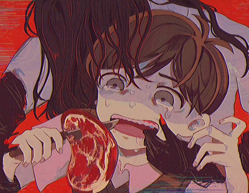 1boy 1girl alternate_eye_color black_hair black_sweater_vest collared_shirt crying crying_with_eyes_open film_grain fingernails food grey_eyes highres holding holding_knife knife long_hair mari_(omori) milkymilkyshark omori raw_meat red_nails sharp_fingernails shirt short_hair spoilers steak sunny_(omori) sweater_vest tears white_shirt