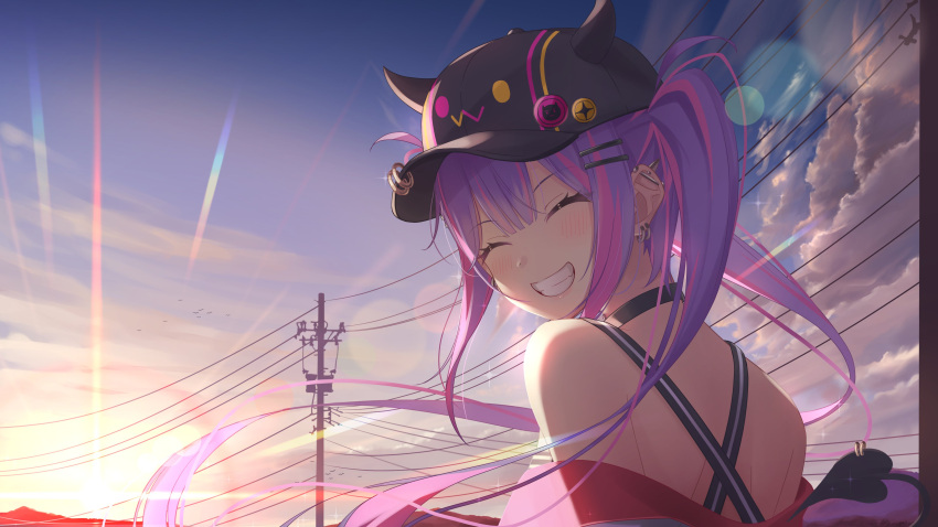 1girl absurdres bangs baseball_cap bibi_(tokoyami_towa) black_choker choker closed_eyes cloud day demon_tail facing_viewer fake_horns floating_hair grin hat highres hololive horned_headwear horns long_hair multicolored_hair off_shoulder open_mouth piercing pink_hair power_lines purple_hair shima6644 sky smile solo tail tail_ornament tail_piercing tokoyami_towa twintails two-tone_hair utility_pole virtual_youtuber