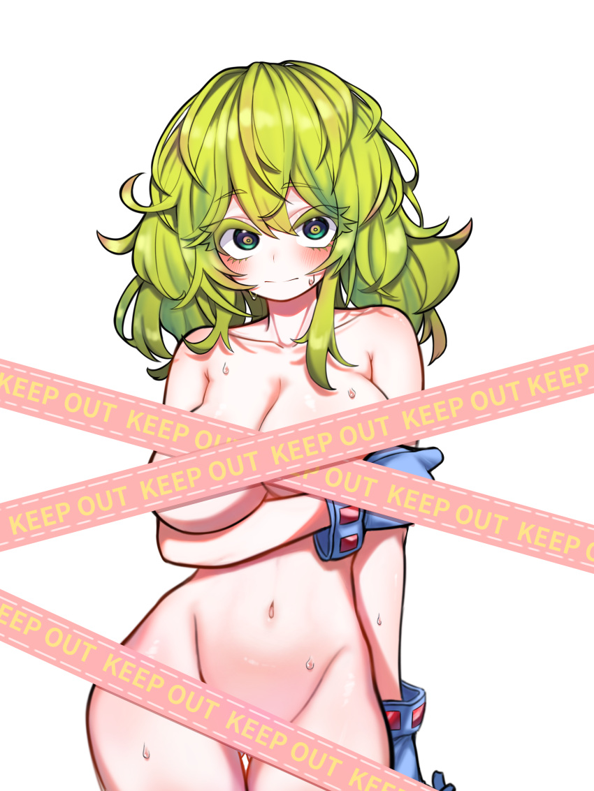 1girl absurdres arm_under_breasts ass_visible_through_thighs blue_gloves blush boku_no_hero_academia breasts caution_tape colored_eyelashes contrapposto gloves grabbing_own_arm green_eyes green_hair groin hagakure_tooru hair_between_eyes highres keep_out large_breasts long_hair looking_at_viewer medium_breasts navel nude o2h2_oh4 solo sweat thigh_gap thighs white_background