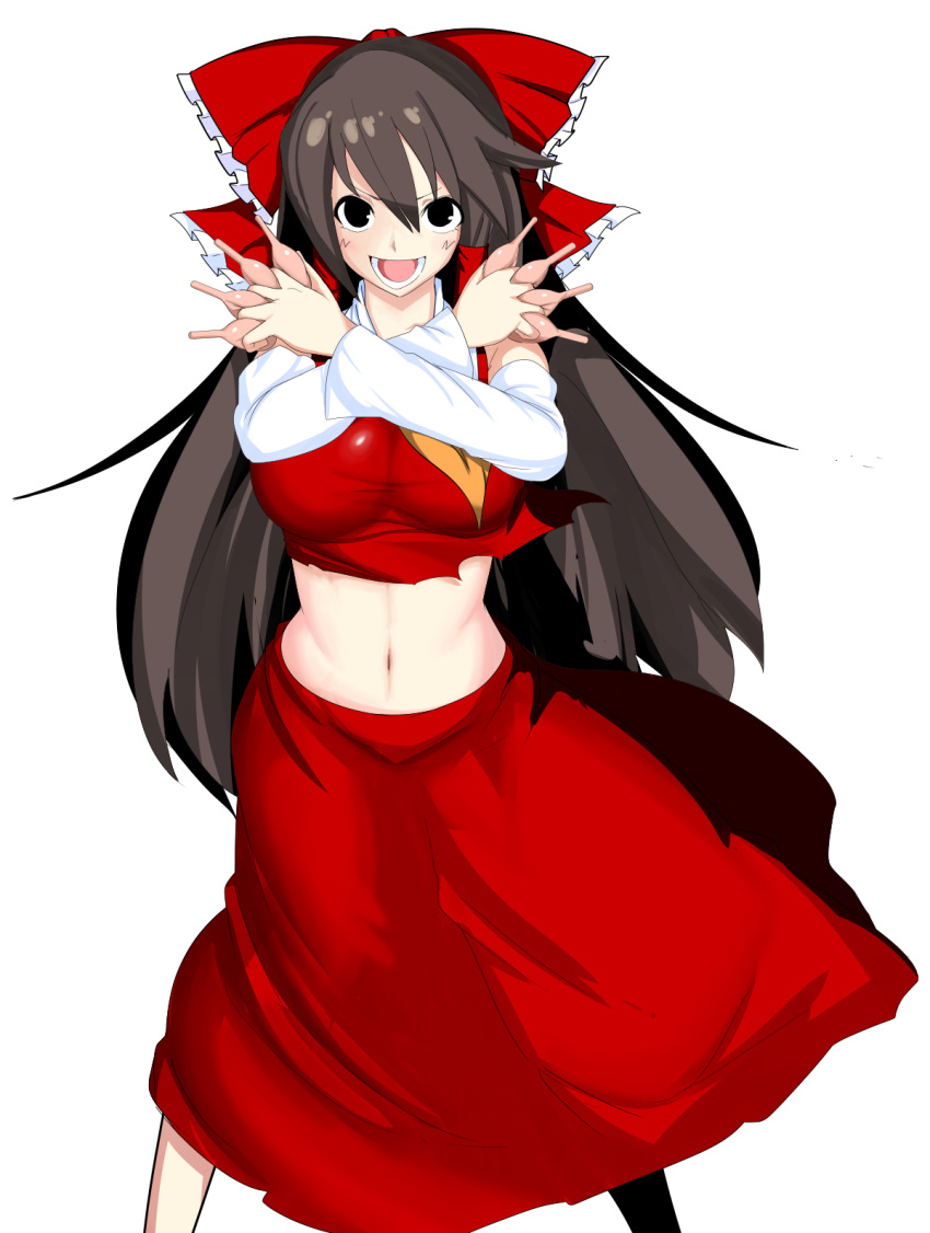 1girl ascot bangs between_fingers black_eyes blush bow breasts brown_hair collared_shirt commentary_request cookie_(touhou) detached_sleeves enema feet_out_of_frame frilled_bow frills hair_between_eyes hair_bow hair_tubes hakurei_reimu highres impossible_clothes impossible_shirt large_breasts long_hair looking_at_viewer midriff mutsurai_rempo navel noel_(cookie) open_mouth red_bow red_skirt shirt sidelocks simple_background skirt skirt_set sleeveless sleeveless_shirt smile solo touhou transparent_background white_sleeves yellow_ascot