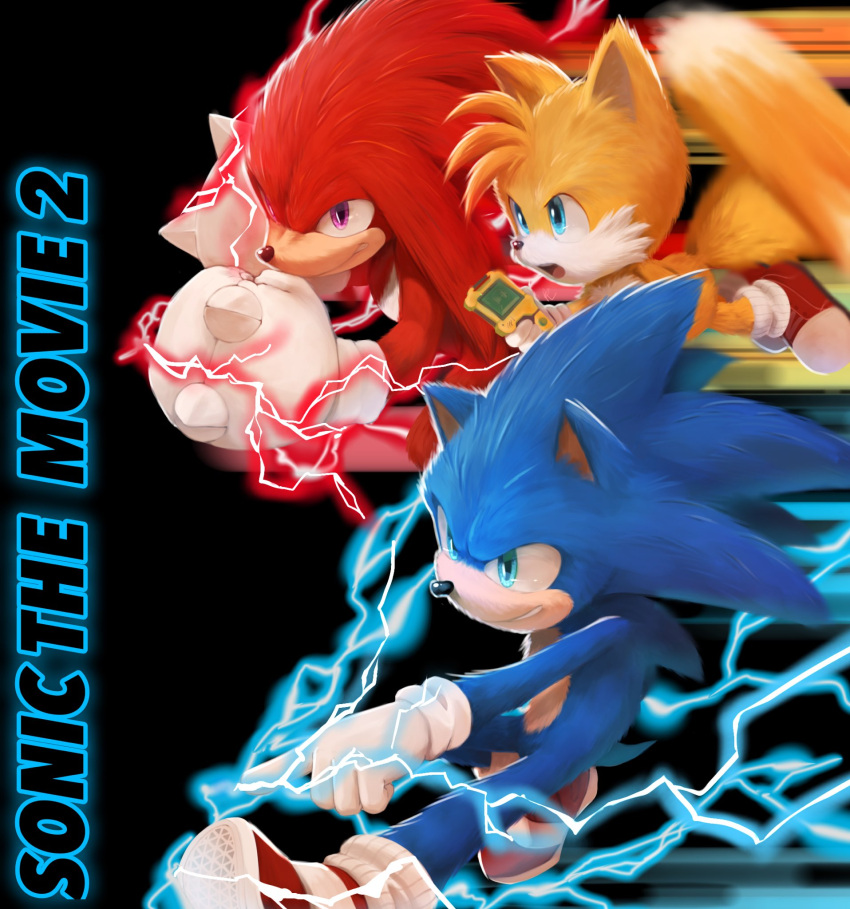 3boys animal_nose black_background blue_eyes copyright_name electricity furry furry_male gloves grin highres holding knuckles_the_echidna male_focus misuta710 multiple_boys open_mouth protected_link purple_eyes shoes simple_background smile sonic_(series) sonic_the_hedgehog sonic_the_hedgehog_2_(film) tails_(sonic) white_gloves