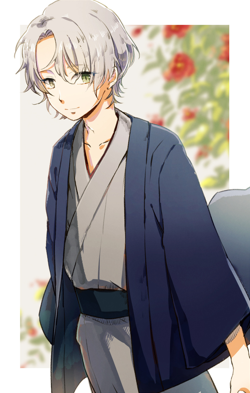 1boy bangs blue_jacket blurry blurry_background camellia cowboy_shot curtained_hair dream!ing flower green_eyes grey_hair grey_kimono hakka_shigure haori highres jacket japanese_clothes kimono looking_at_viewer male_focus outside_border parted_bangs red_flower sash setoko short_hair sideways_glance smile solo