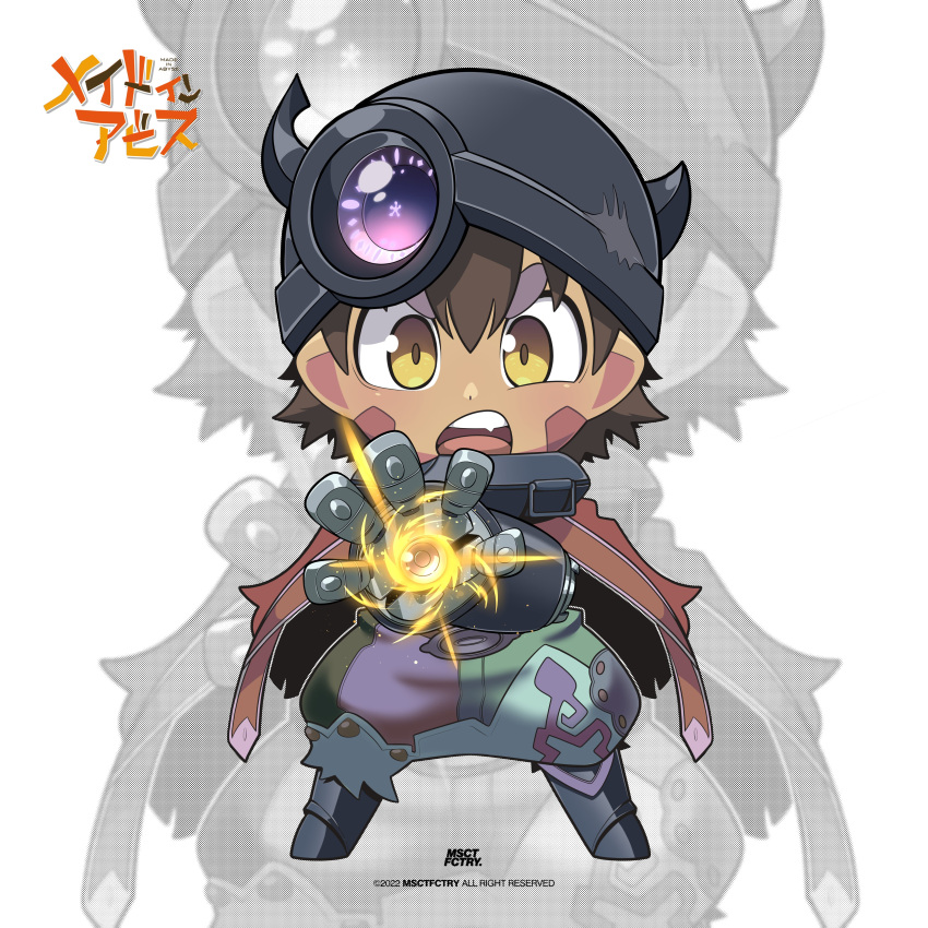 absurdres chibi collar ed_cvs glowing gun highres japan made_in_abyss mechanical_arms metal_collar regu_(made_in_abyss) robot simple_background solo weapon