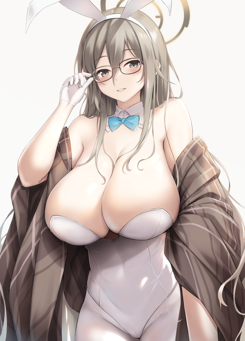 1girl absurdres akane_(blue_archive) akane_(bunny)_(blue_archive) animal_ears bare_shoulders blue_archive blue_bow blue_bowtie blush bow bowtie breasts brown_scarf detached_collar dot_nose fake_animal_ears glasses gloves grey_hair groin hair_between_eyes hairband halo hand_on_eyewear highres huge_breasts leotard light_brown_hair long_hair pantyhose parted_lips plaid plaid_scarf playboy_bunny rabbit_ears scarf solo tousaki_(tousakiworks) white_gloves white_hairband white_leotard white_pantyhose