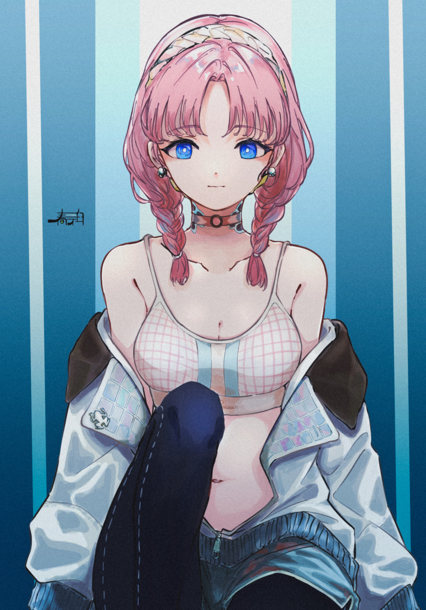 1girl absurdres arknights bangs bare_shoulders black_leggings blue_background blue_eyes blue_poison_(arknights) blue_poison_(shoal_beat)_(arknights) blue_shorts braid breasts bright_pupils choker cleavage closed_mouth collarbone earrings feet_out_of_frame grey_jacket hairband harukan_tiusu highres jacket jewelry knee_up leggings leggings_under_shorts long_hair long_sleeves looking_at_viewer navel off_shoulder official_alternate_costume open_clothes open_jacket parted_bangs partially_unzipped pink_choker pink_hair shorts signature sitting small_breasts solo sports_bra striped striped_background twin_braids white_hairband