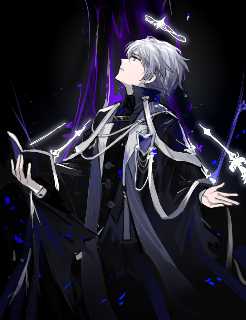 1boy absurdres andoain_(arknights) angel arknights bishounen black_background book buzhangyezideshu collared_shirt cowboy_shot halo highres holding holding_book looking_up male_focus purple_eyes shirt short_hair simple_background solo white_hair wings