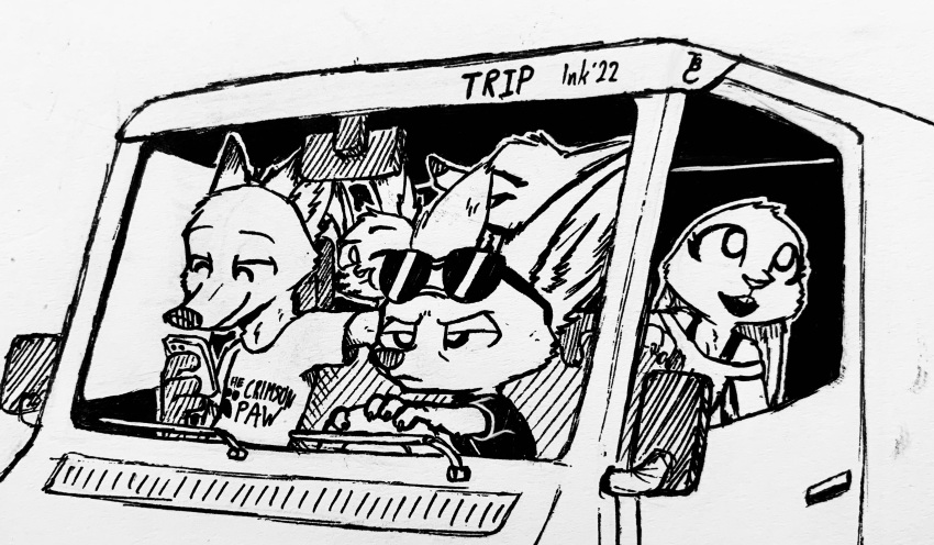 2022 absurd_res anthro canid canine cellphone clothing disney eyewear fennec finnick fox fur group hi_res holding_cellphone holding_object holding_phone inside_vehicle jack_savage judy_hopps lagomorph leporid mammal monochrome nick_wilde open_mouth open_smile phone rabbit red_fox shirt skye_(zootopia) smile sunglasses t-shirt theblueberrycarrots topwear vehicle zootopia