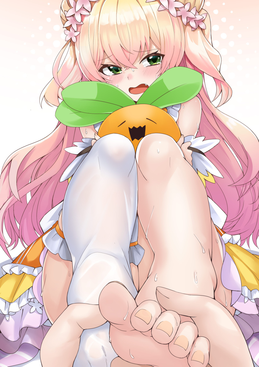 1girl absurdres bangs barefoot blonde_hair commentary_request crossed_bangs double_bun dress embarrassed eyelashes fang feet flower foreshortening frilled_dress frilled_thighhighs frills gradient_hair green_eyes hair_bun hair_flower hair_ornament highres holding_another's_foot hololive knees_up momosuzu_nene multicolored_hair nekko_(momosuzu_nene) no_shoes object_hug open_mouth orange_dress pink_hair pov senbon_tsuki sidelocks single_bare_leg single_thighhigh sitting sleeveless sleeveless_dress solo_focus sweatdrop thighhighs toenails toes two_side_up virtual_youtuber white_thighhighs