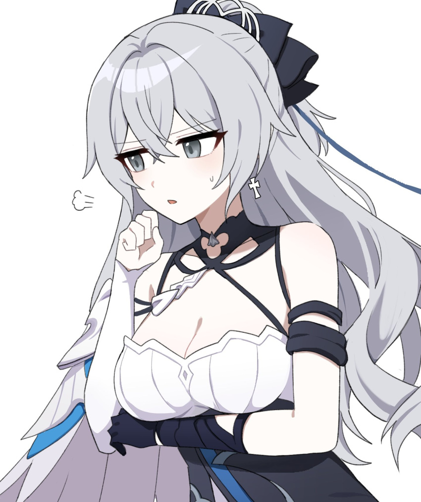 1girl =3 armor bare_shoulders black_dress black_gloves bow breast_hold breasts bronya_zaychik bronya_zaychik_(silverwing:_n-ex) cleavage detached_sleeves dress gloves grey_eyes grey_hair hair_bow half_updo hand_up highres honkai_(series) honkai_impact_3rd large_breasts lix long_hair looking_away parted_lips pauldrons shoulder_armor simple_background single_detached_sleeve single_glove single_pauldron sleeveless sleeveless_dress solo sweatdrop upper_body white_background