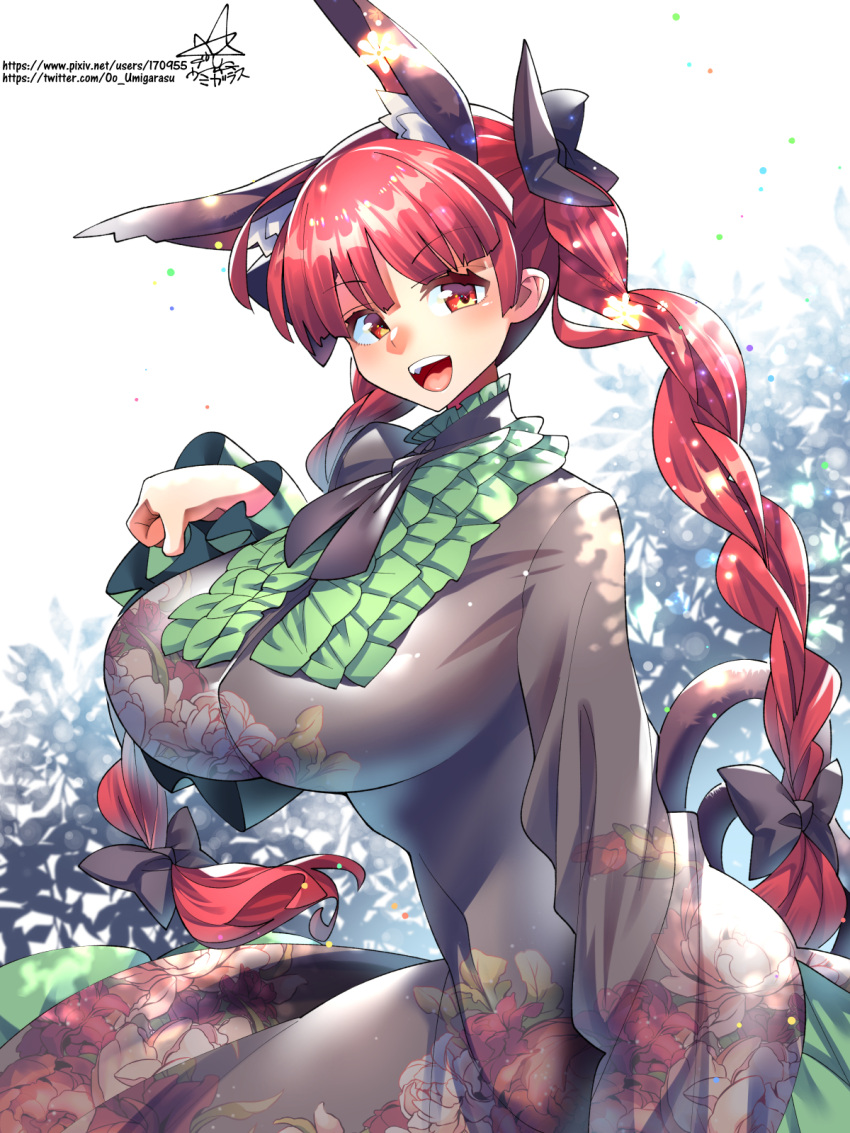 1girl animal_ears braid breasts cat_ears cat_tail dress duplicate extra_ears frilled_dress frilled_sleeves frills green_dress highres huge_breasts juliet_sleeves kaenbyou_rin long_hair long_sleeves nekomata puffy_sleeves red_eyes red_hair solo tail touhou twin_braids umigarasu_(kitsune1963)