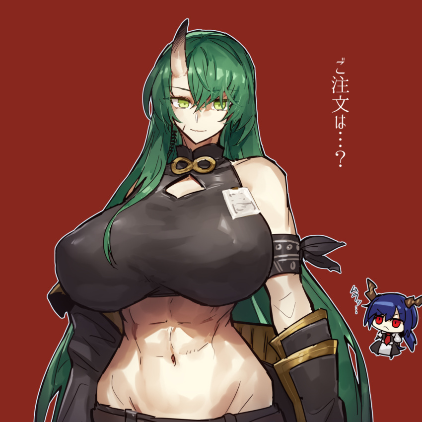 2girls alternate_breast_size arknights armband blue_hair breasts ch'en_(arknights) green_eyes green_hair hair_between_eyes highres horns hoshiguma_(arknights) huge_breasts long_hair melon22 multiple_girls muscular muscular_female navel red_background red_eyes scar scar_on_face simple_background single_horn stomach translation_request upper_body v-shaped_eyebrows