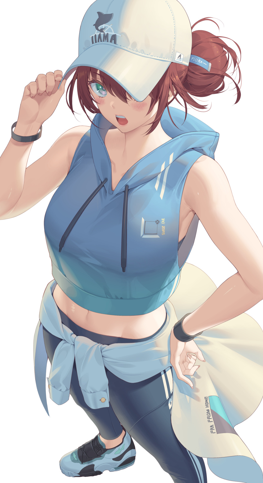 1girl absurdres arm_up bangs bare_shoulders baseball_cap black_pants black_survival blue_jacket blush breasts brown_hair clothes_around_waist collarbone cropped_jacket dated_commentary drawstring eternal_return:_black_survival fiora_pellerin green_eyes groin hair_between_eyes hair_bun hand_on_hip hat highres hood hood_down hooded_jacket hop3 jacket large_breasts long_hair looking_at_viewer midriff navel official_alternate_costume open_mouth pants ponytail shirt shirt_around_waist shoes sidelocks simple_background sleeveless sleeveless_jacket sneakers solo standing teeth upper_teeth white_background white_footwear white_headwear white_shirt wristband yoga_pants