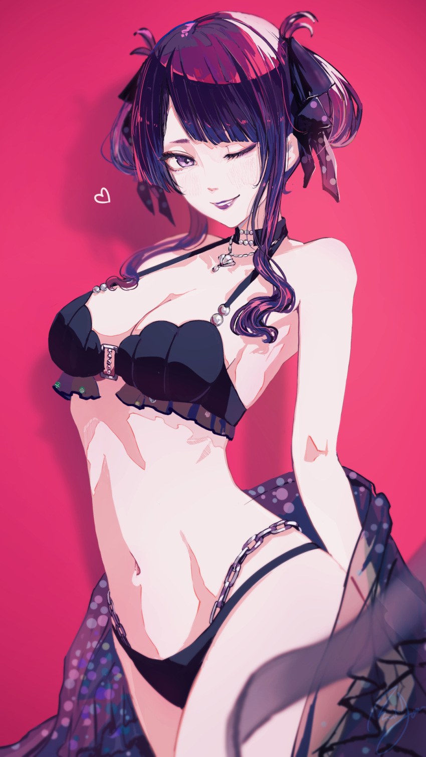 1girl ;) bikini bow breasts chain clam_shell gem hair_bow heart highres idolmaster idolmaster_shiny_colors jewelry medium_breasts midriff minyom navel necklace one_eye_closed pearl_(gemstone) polka_dot polka_dot_bow see-through_shawl shawl smile stomach swimsuit tanaka_mamimi