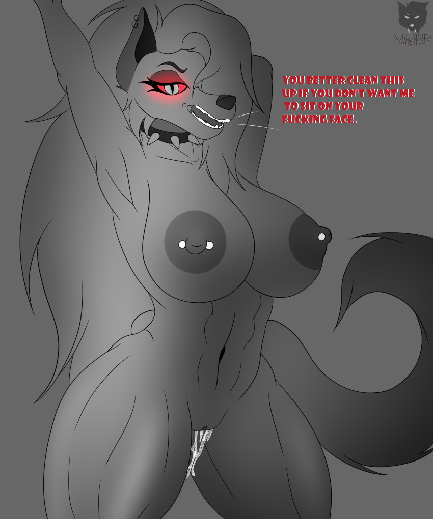 absurd_res anthro areola big_breasts bodily_fluids breasts butt canid canid_demon collar cum demon digital_media_(artwork) ear_piercing female fur genital_fluids genitals greyscale hair hellhound helluva_boss hi_res huge_breasts long_hair looking_at_viewer loona_(helluva_boss) mammal monochrome nipple_piercing nipples nude piercing pussy red_eyes simple_background solo sralivewolfox text thick_thighs tongue