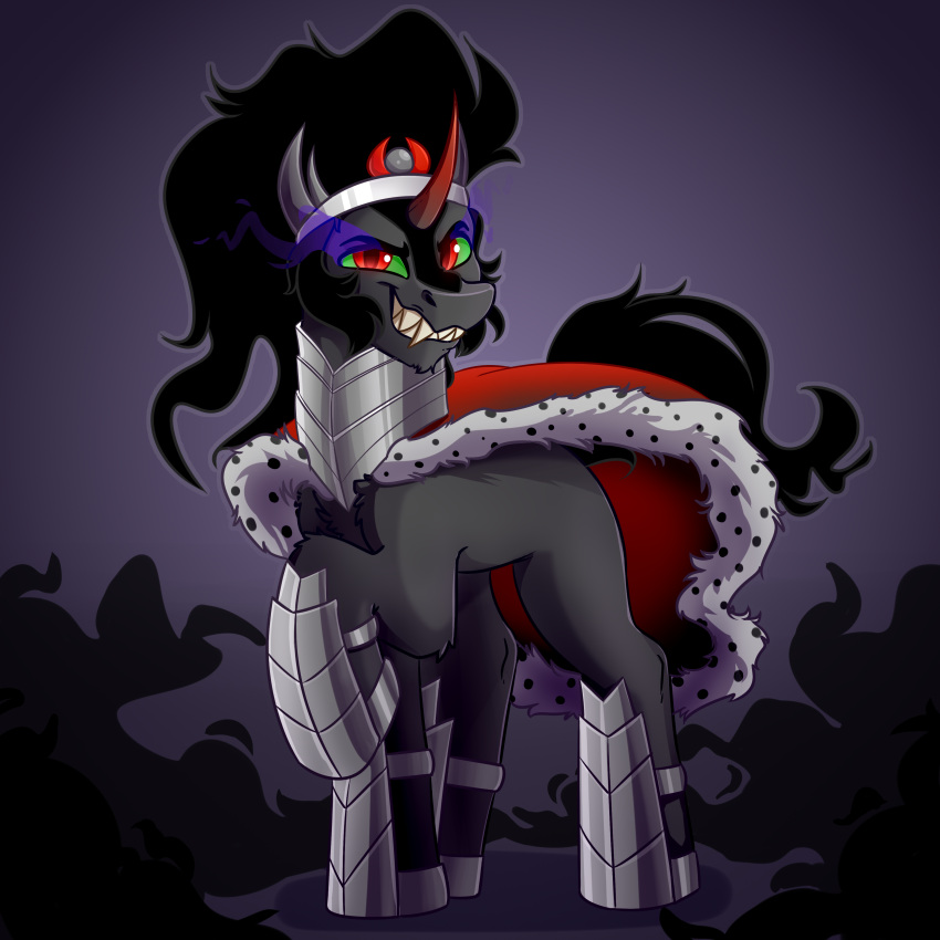 1:1 absurd_res armor black_hair cape clothing crown equid equine fangs friendship_is_magic green_sclera hair hasbro hi_res horn king_sombra_(mlp) male mammal my_little_pony red_eyes sharp_teeth smile solo teeth unicorn witchtaunter
