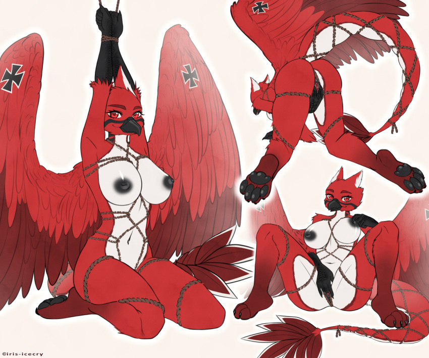 all_fours anthro arms_above_head arms_tied avian bdsm beak big_breasts bondage bound breasts butt claws cross fear_(terrorwing) feathered_wings feathers female fingering fingering_self genitals gryphon iris-icecry iron_cross kneeling looking_at_viewer masturbation multiple_poses mythological_avian mythology nipples nude pawpads pose pussy red_baron red_body red_eyes red_feathers restraints rope rope_bondage scuted_arms scutes solo tail_bondage vaginal vaginal_fingering wings