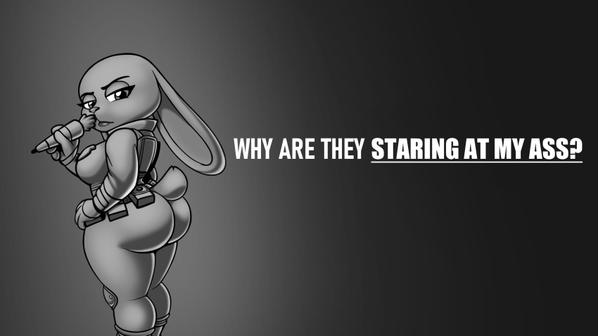 absurd_res anthro big_butt breasts butt carrot clothing disney ears_down english_text everyone_is_so_mean_to_me female food hi_res huge_butt judy_hopps judy_hopps_allegation_challenge lagomorph leporid looking_at_viewer looking_back mammal monochrome omegasunburst pen pivoted_ears plant police_uniform rabbit solo text thick_thighs uniform vegetable zootopia