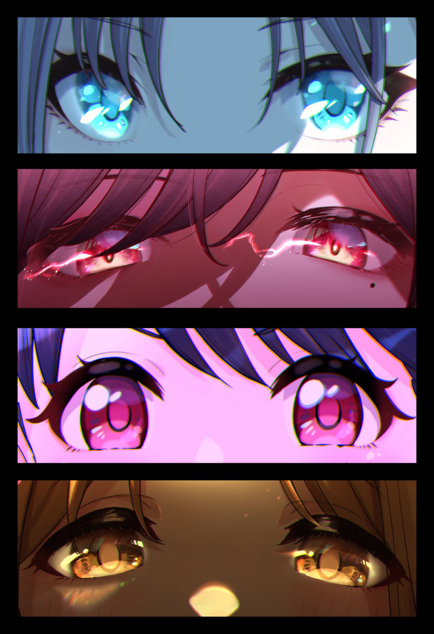 asakura_toru bangs black_hair blue_eyes brown_eyes brown_hair close-up eye_focus eye_reflection eyelashes fukumaru_koito hair_between_eyes highres higuchi_madoka ichikawa_hinana idolmaster idolmaster_shiny_colors looking_at_viewer mole mole_under_eye noctchill_(idolmaster) purple_eyes reflection short_hair swept_bangs tsukuda_hayato