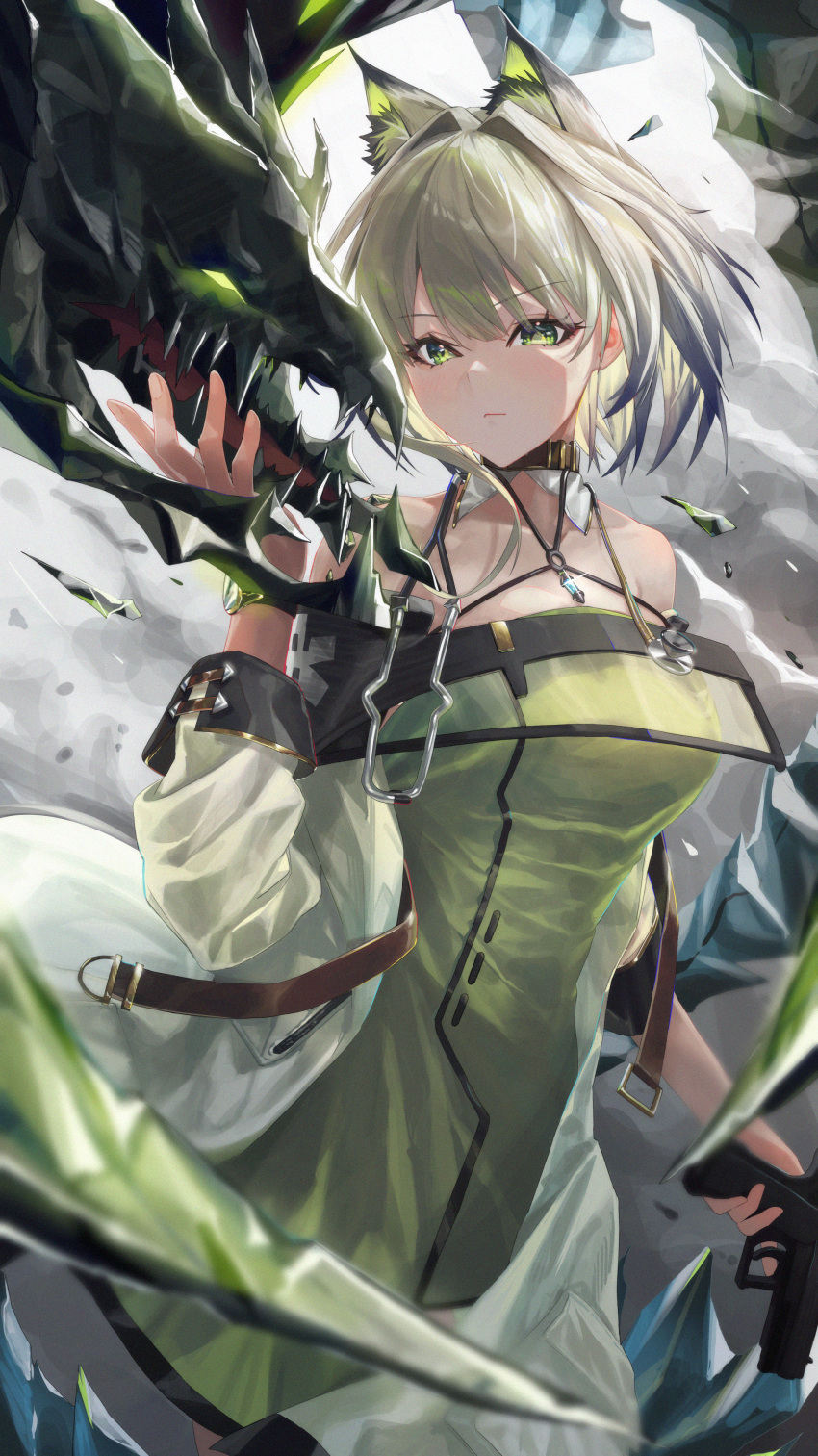 1girl absurdres animal_ear_fluff animal_ears arknights bangs bare_shoulders breasts cat_ears closed_mouth coat collarbone cowboy_shot dress green_dress green_eyes grey_hair gun highres holding holding_gun holding_weapon kal'tsit_(arknights) long_sleeves looking_at_viewer medium_breasts mon3tr_(arknights) monge_baby monster open_clothes open_coat short_hair solo trigger_discipline weapon white_coat wristband