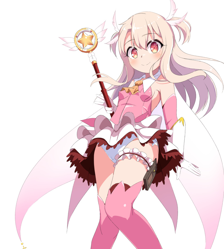 1girl ascot boots breasts bridal_garter card_holster elbow_gloves fate/kaleid_liner_prisma_illya fate_(series) feather_hair_ornament feathers gloves hair_ornament highres holding holding_wand illyasviel_von_einzbern kaleidostick kuu_nekoneko layered_gloves long_hair magical_girl magical_ruby orange_ascot panties pink_feathers pink_footwear pink_gloves pink_sleeves prisma_illya sleeveless small_breasts smile solo thigh_boots two_side_up underwear wand white_gloves white_hair white_panties